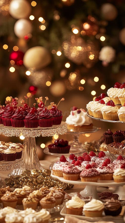 A sparkling dessert table with an array of cupcakes, tarts, and stock photography