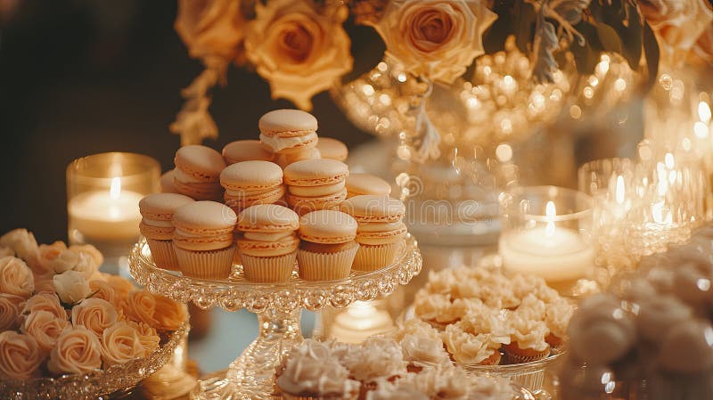 A sparkling dessert table at a wedding event featuring macarons and royalty free stock photography