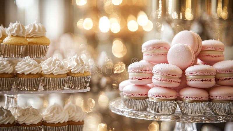 A sparkling dessert table at a wedding event featuring macarons and stock photos