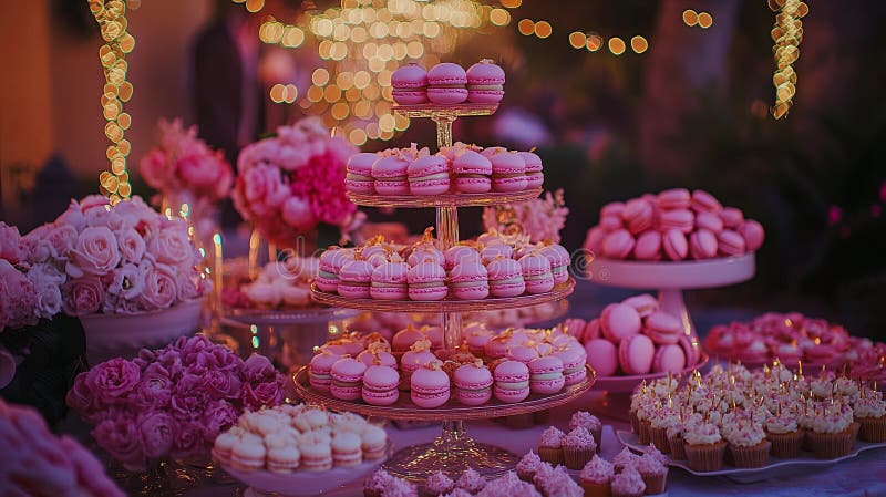A sparkling dessert table at a wedding event featuring macarons and royalty free stock photography