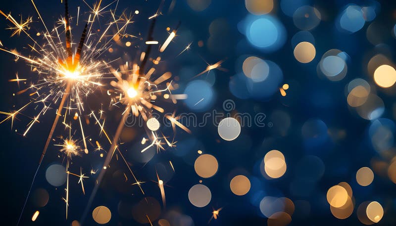 Sparkling fireworks against bokeh lights, blue and gold, festive holiday celebration banner vector illustration