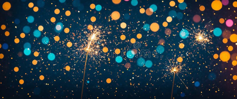 Sparkling fireworks with colorful bokeh lights on dark background vector illustration