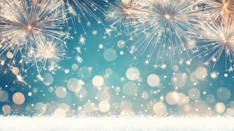Sparkling fireworks display over snowy ground with bokeh lights royalty free illustration