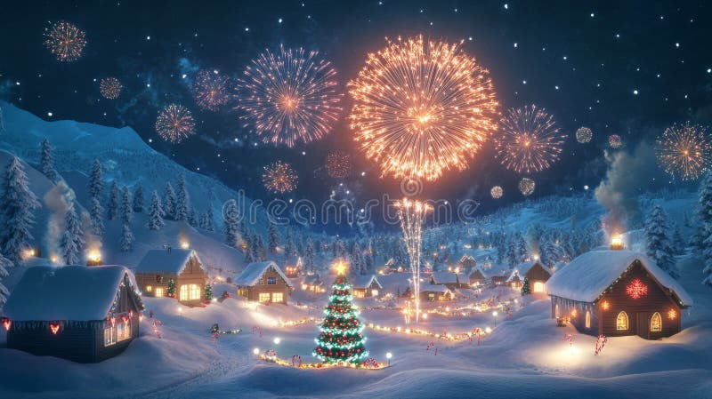 Sparkling Fireworks Light Up a Winter Village Scene vector illustration