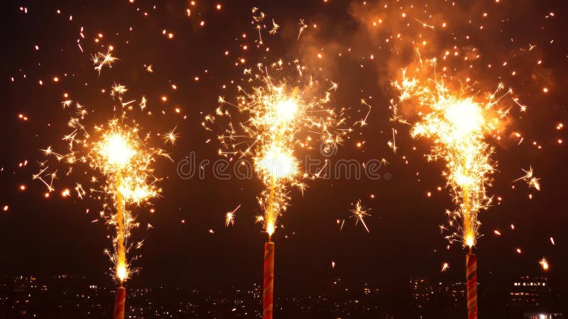 Sparkling fireworks in the night sky with glowing sparks. Celebration and festive event concept royalty free illustration