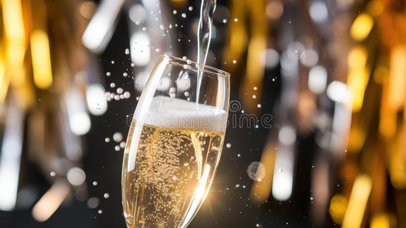 A sparkling glass of champagne pouring with festive background lights. vector illustration
