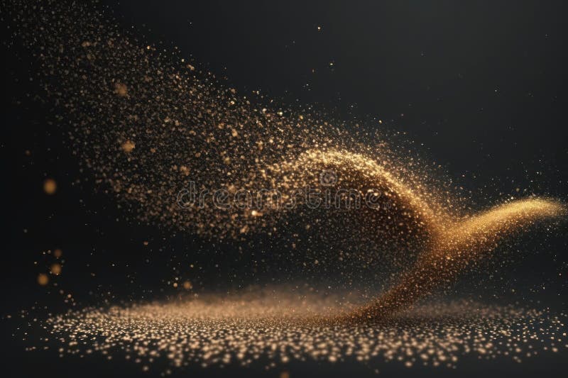 Sparkling Gold Dust on Defocused Black Background. Golden Glitter Dust