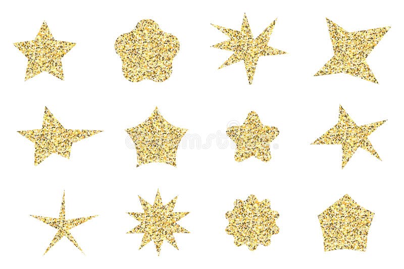 Sparkling gold glitter stars pack for festive, holiday, christmas, and new year decoration designs stock illustration
