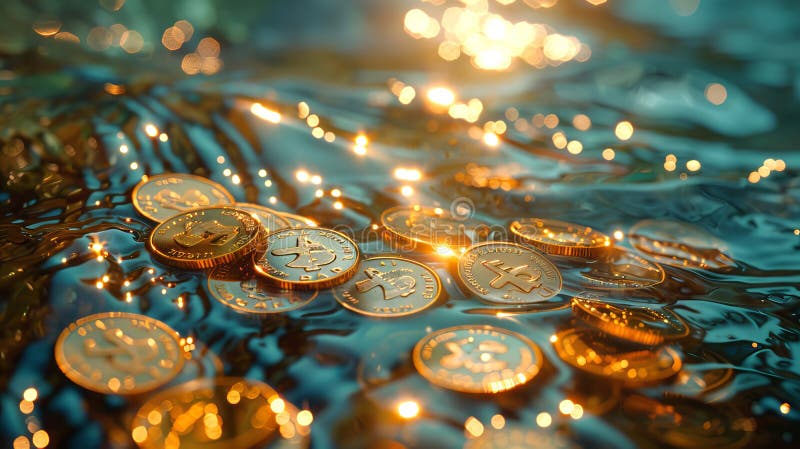 Sparkling Golden Coins Adrift on Water Illuminated by Bokeh. Treasure