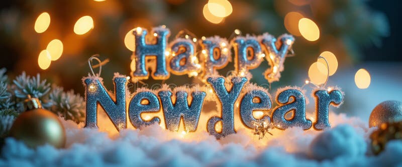 Sparkling Happy New Year letters adorned with festive decorations royalty free stock image