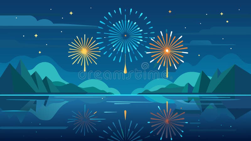 The sparkling lights of the fireworks mirrored in the crystalclear waters of the lake as the nation comes together to commemorate Independence Day.. Vector illustration AI generated