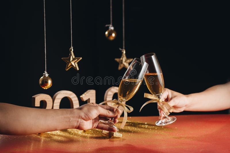 Sparkling New Year background, copy space. Champagne with decorations on New Year's Day royalty free stock photo Sparkling New Year background, copy space. Champagne with decorations on New Year's Day royalty free stock photo