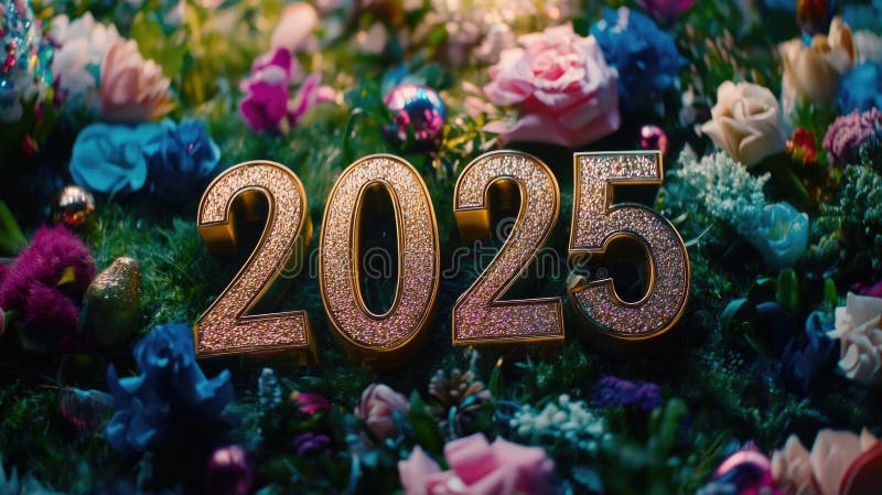 Sparkling 2025 numbers amidst vibrant floral array stock photography