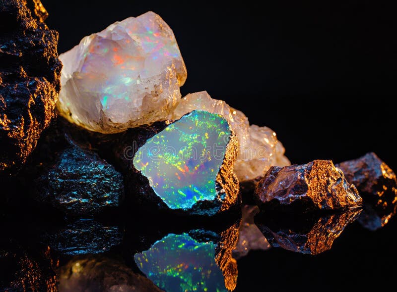 Sparkling opal and rough gemstones on black background vector illustration