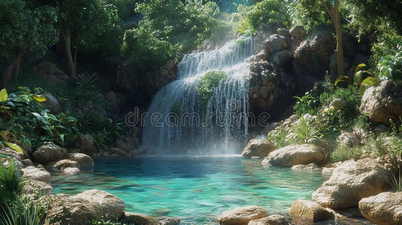 A sparkling waterfall cascading into a clear pool surrounded by rocks stock image