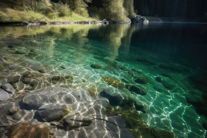 Sparkling Waters of a Crystalclear Lake, with Reflections and Textures Visible Stock