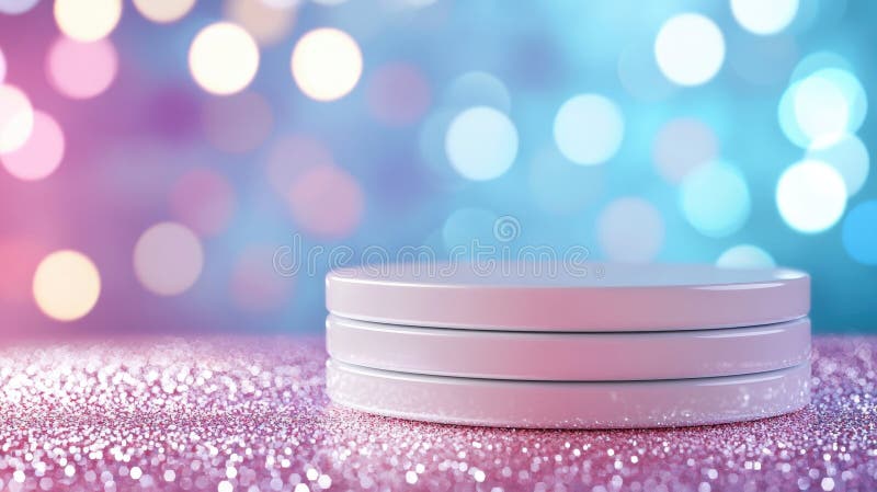 Sparkling white podium 3d blurred on pink glitter surface, surrounded by soft blue and pink resting lighting effects stock photos
