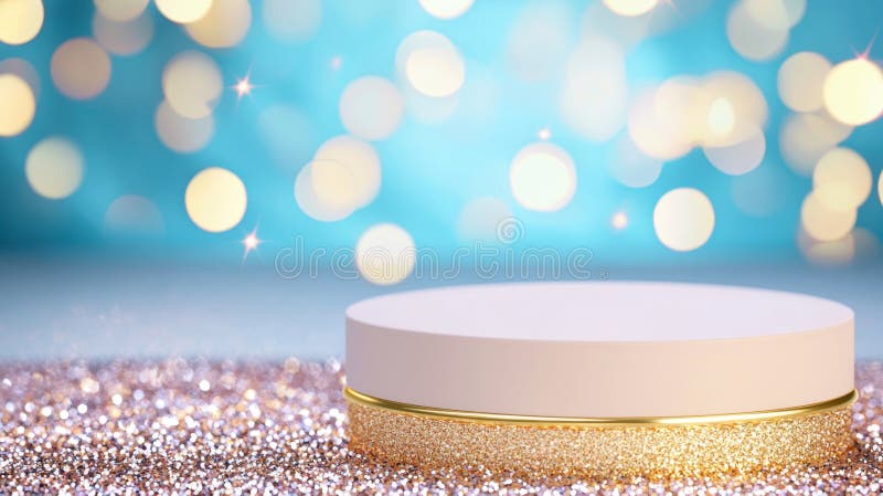Sparkling white podium 3d resting blue pink glitter on surrounded by soft surface, and pink blurred lighting effects stock images