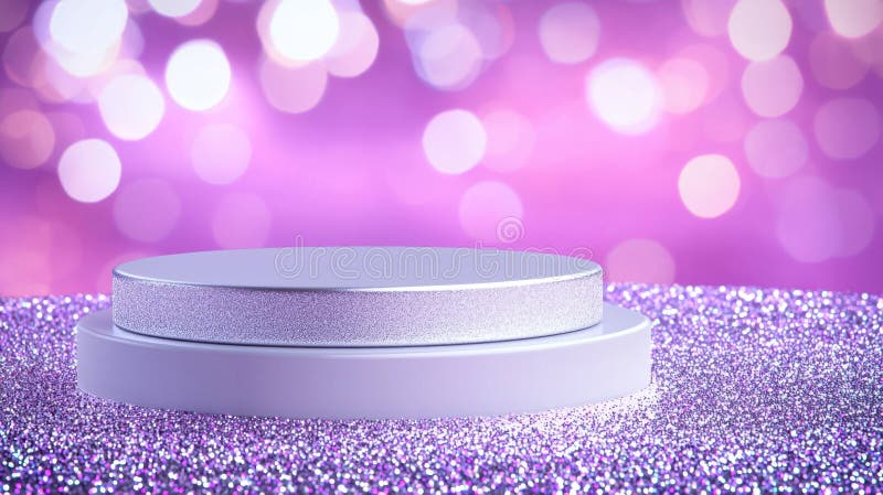 Sparkling white podium 3d resting on pink glitter surface, surrounded by soft blue and pink blurred for effects lighting royalty free stock photo