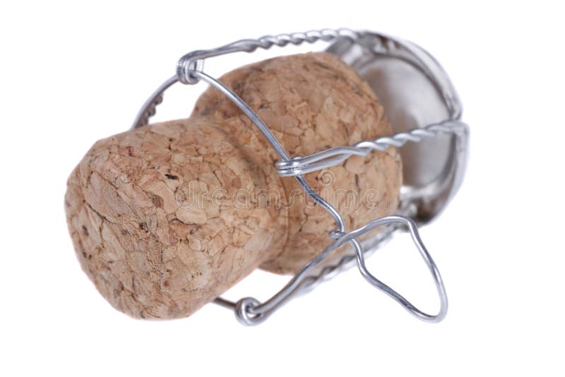 Sparkling wine cork. A sparkling wine cork opened in celebration on a white background stock photo