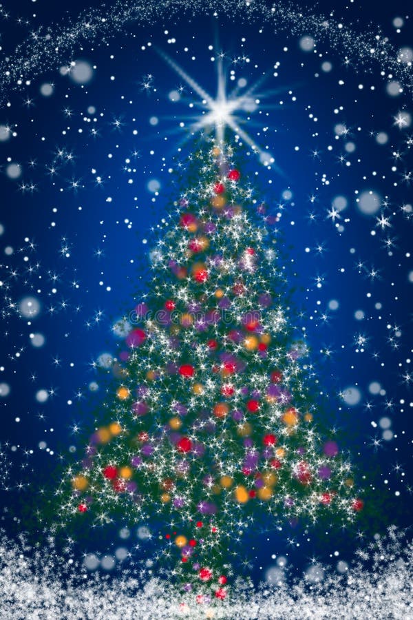 Sparkly Christmas Tree on Blue Starry Night Sky stock illustration Sparkly Christmas Tree on Blue Starry Night Sky stock illustration