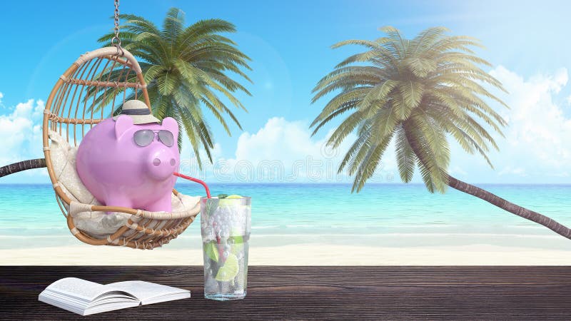 Sparschwein mit Sonnenbrille-Getränk-Cocktail auf dem Strandurlaub 3d übertragen vektor abbildung Sparschwein mit Sonnenbrille-Getränk-Cocktail auf dem Strandurlaub 3d übertragen vektor abbildung