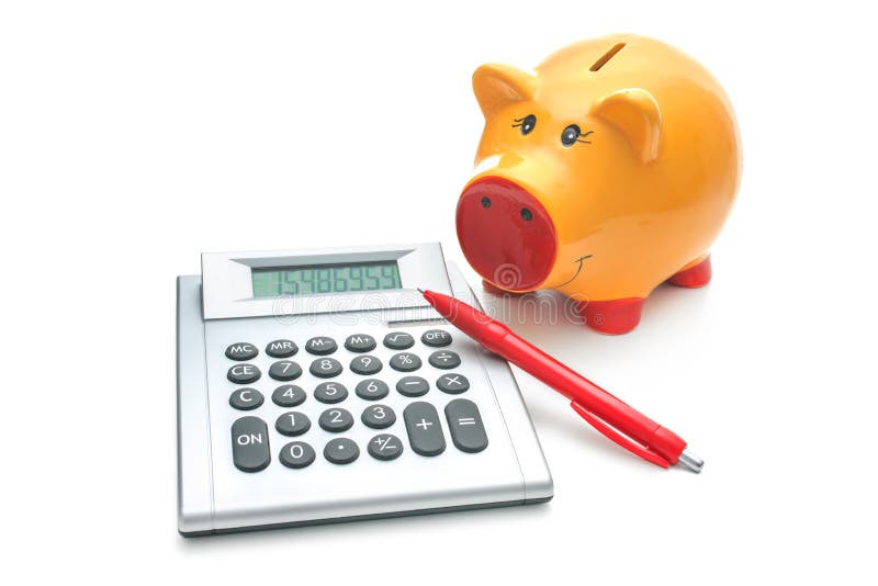Sparschwein mit Taschenrechner lizenzfreies stockbild