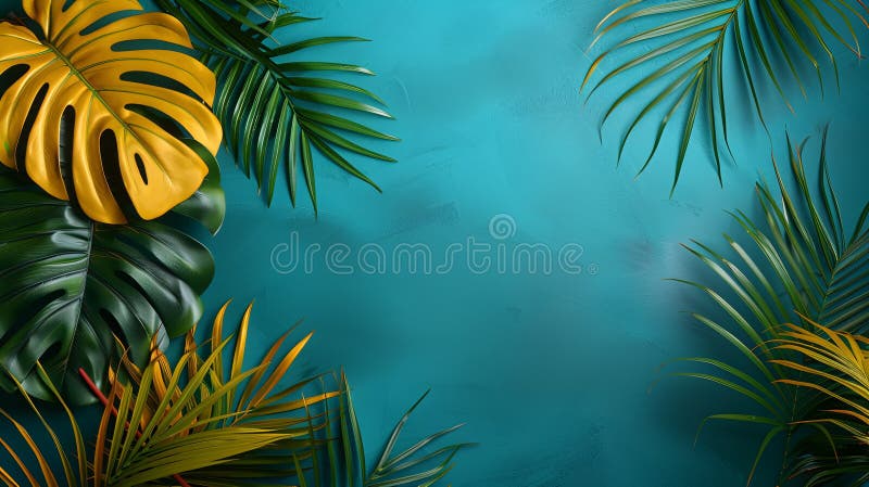 A tropical arrangement of sparse palm leaves against a teal blue textured background, ideal for use in design projects. Sparse use stock images, royalty-free photos and pictures