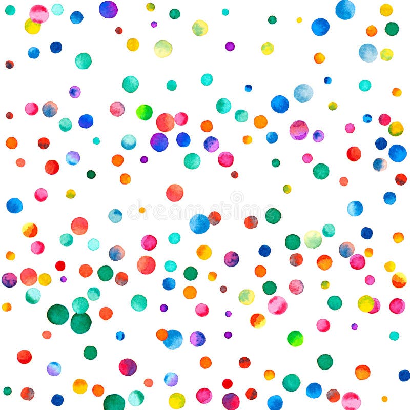 Sparse watercolor confetti on white background. Rainbow colored watercolor confetti scatter horizontal lines. Colorful hand painted illustration.