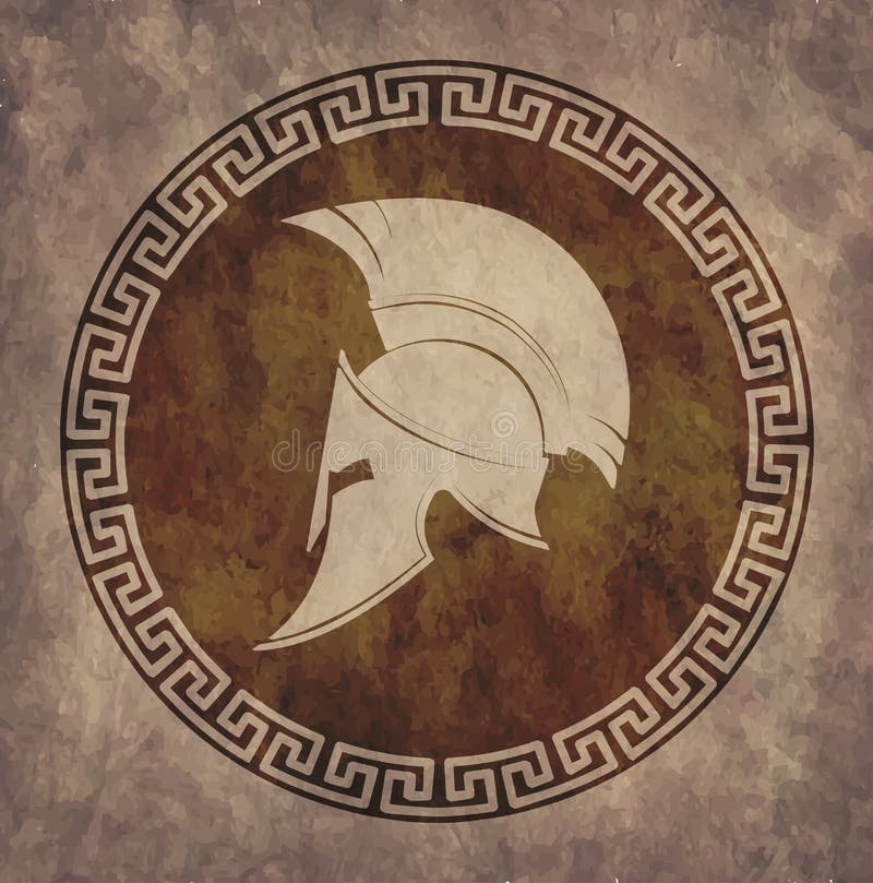 Spartan helmet an icon on old paper in style grunge, is issued in antique Greek style.