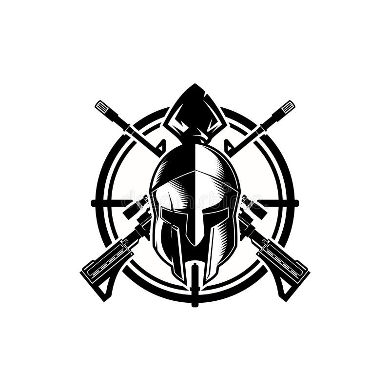 Spartiate noir et blanc avec le calibre de vecteur de croshair et de fusil illustration de vecteur Spartiate noir et blanc avec le calibre de vecteur de croshair et de fusil illustration de vecteur