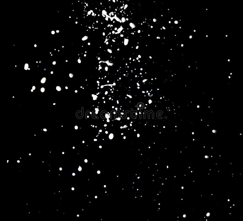 Spatten van witte melk geïsoleerd op een zwarte achtergrond royalty-vrije stock afbeeldingen