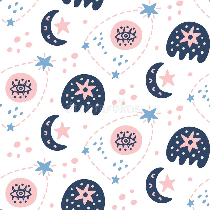 Spazi il modello senza cuciture puerile della galassia con le stelle, elementi cosmici illustrazione vettoriale Spazi il modello senza cuciture puerile della galassia con le stelle, elementi cosmici illustrazione vettoriale