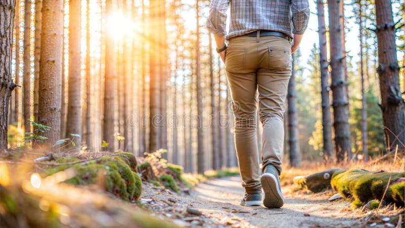 Spaziergang durch Waldweg bei Sonnenuntergang Herbstabenteuer vektor abbildung