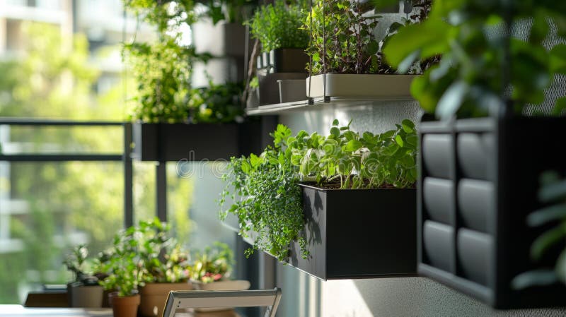 Spazio biofilico interno con giardino verticale di colore chiaro illustrazione vettoriale