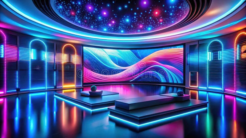 Spazio di intrattenimento straordinario con accenti di neon e un display astratto. Generative AI illustrazione vettoriale