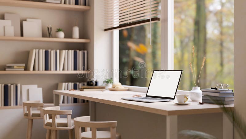 Spazio di lavoro estremamente comodo con laptop su tavolo in legno contro gli sgabelli delle finestre illustrazione vettoriale