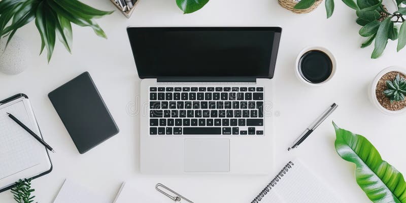 Spazio di lavoro minimalista con notebook e verde. Immagine piatta di uno spazio di lavoro minimalista pulito con una tazzina da caffè e verde per notebook. aizione generativa
