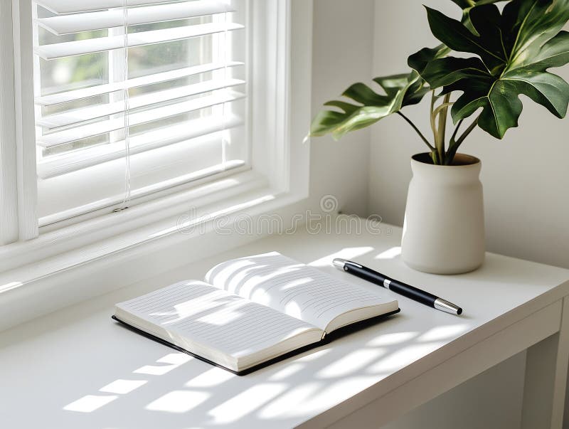 Spazio di lavoro minimalista con penna aperta e pianta in vaso da una finestra illuminata dal sole illustrazione vettoriale