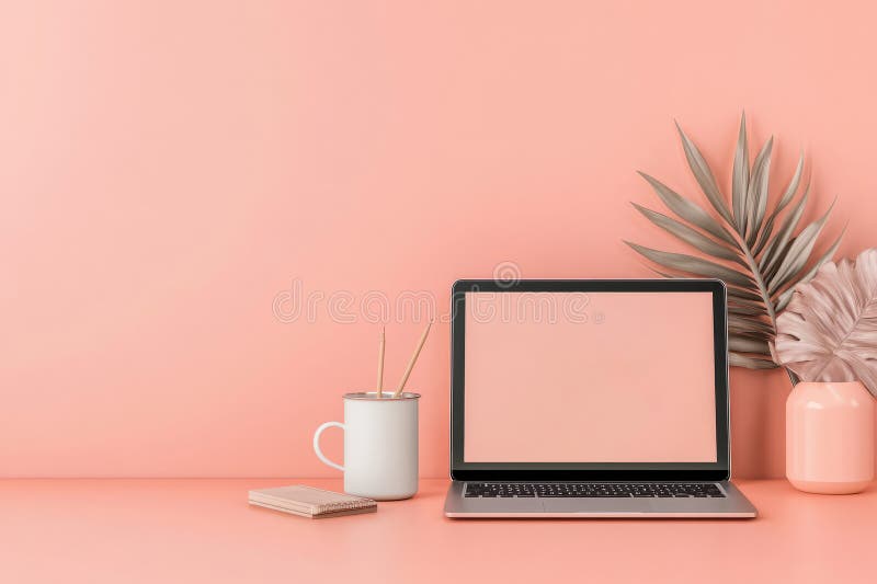 Spazio di lavoro minimalista con tema percolato con una tazza bianca portatile con matite blocco appunti e vaso con palma essiccat illustrazione di stock