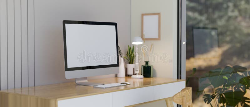 Spazio di lavoro minimo confortevole all'interno di materiale bianco e di legno con paraspruzzi per computer royalty illustrazione gratis