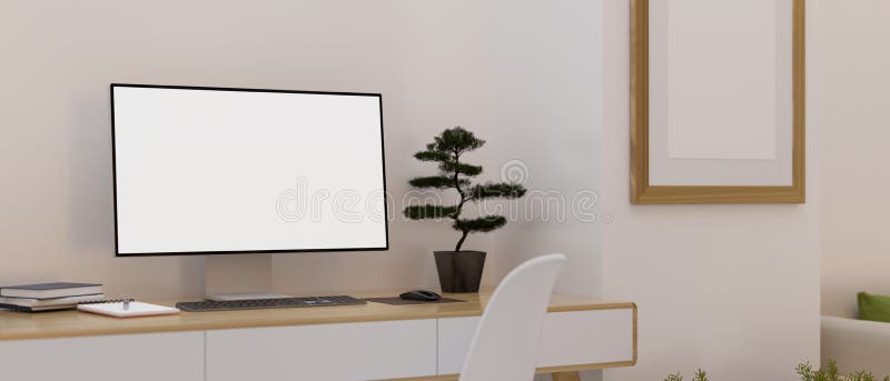 Spazio di lavoro minimo confortevole con computer desktop moderno su tavolo in legno royalty illustrazione gratis