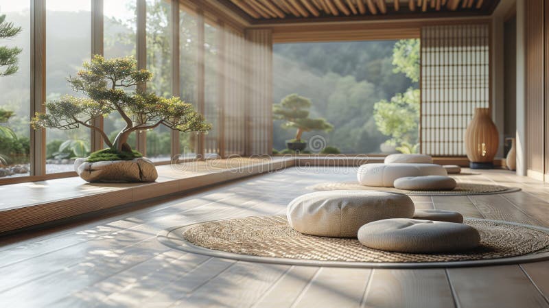 Spazio di meditazione tranquillante con un cuscino per sedersi e un albero di bonsai per aumentare la consapevolezza fotografia stock libera da diritti