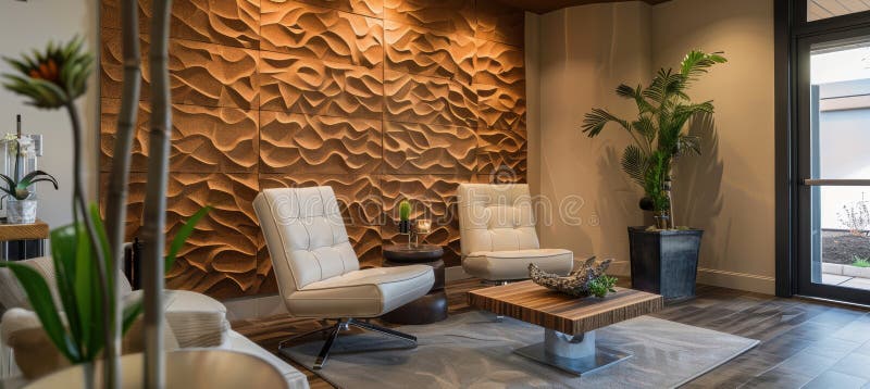 Spazio di vita eco-compatibile con l'elegante parete di sughero per moderni interni fotografie stock libere da diritti