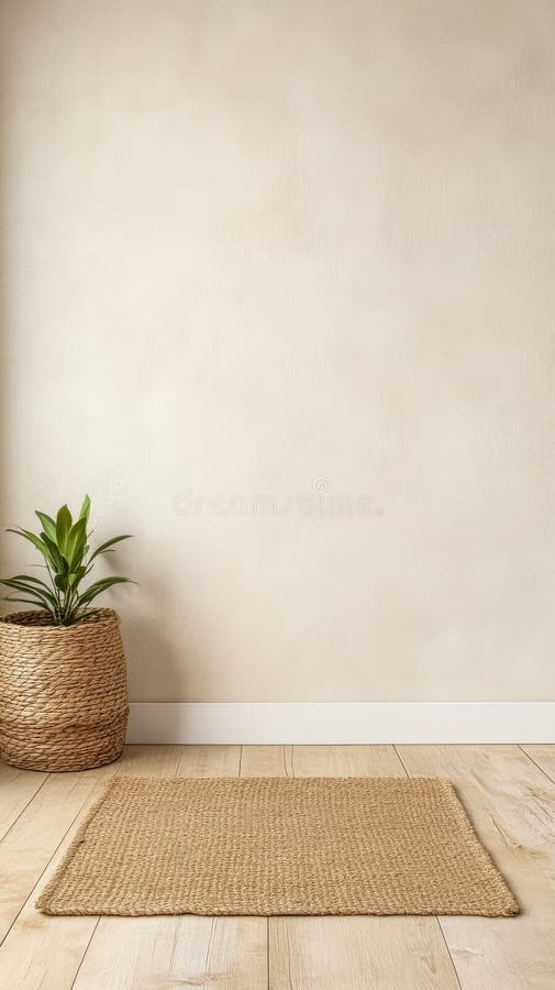Spazio interno accogliente con una pianta in un cestello di tessuto e un tappeto naturale su pavimenti di legno fotografia stock