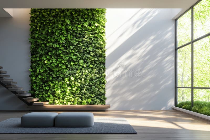 Spazio moderno e minimalista con giardino verticale e illuminazione interna illuminata dal sole illustrazione di stock