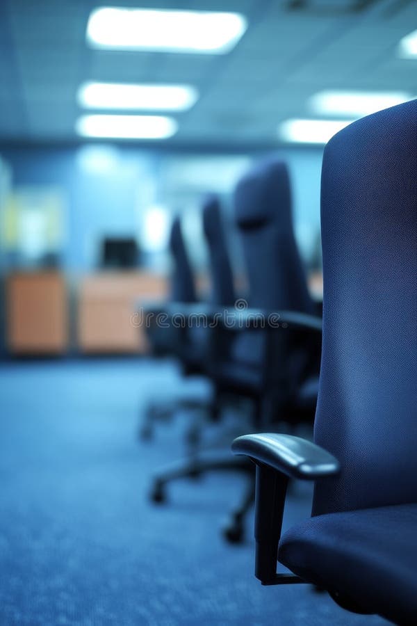 Spazio vuoto in ufficio con tappeti blu e file di sedie moderne progettate ergonomicamente royalty illustrazione gratis