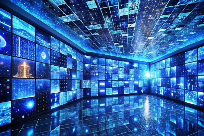 Spațiu cibernetic futurist în sălile virtuale captivante ale realității virtuale, cu fluxuri dinamice de date și nuanțe albastre p vector illustration