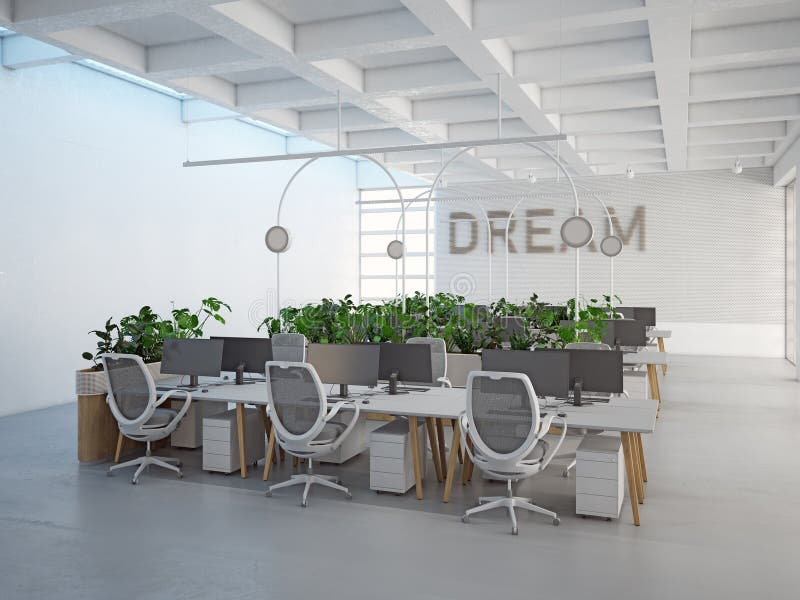 Spațiu de birouri elegant și modern, cu lumină naturală și verdeață. stock illustration
