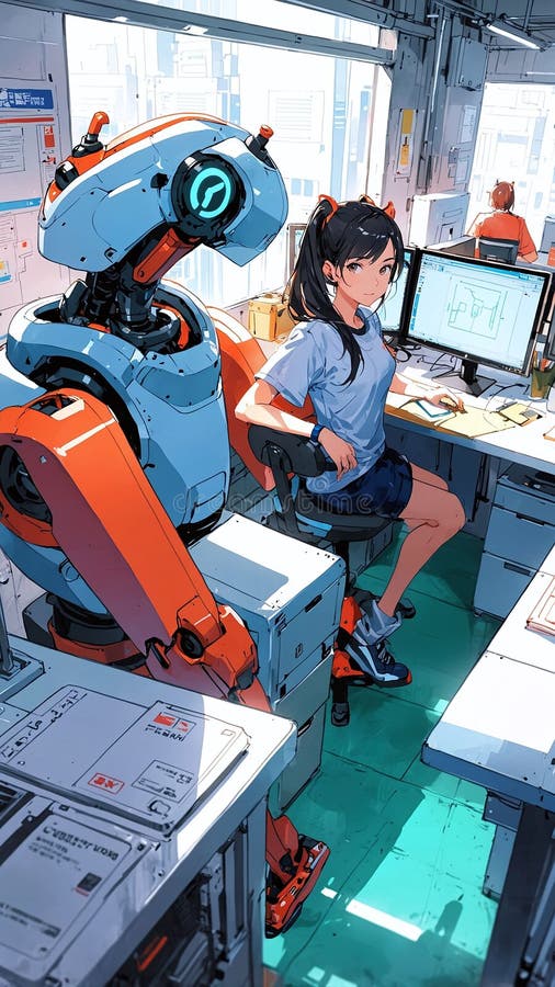 Spațiu de lucru animistic futuristic cu roboți și sisteme automate care asistă lucrătorii vector illustration